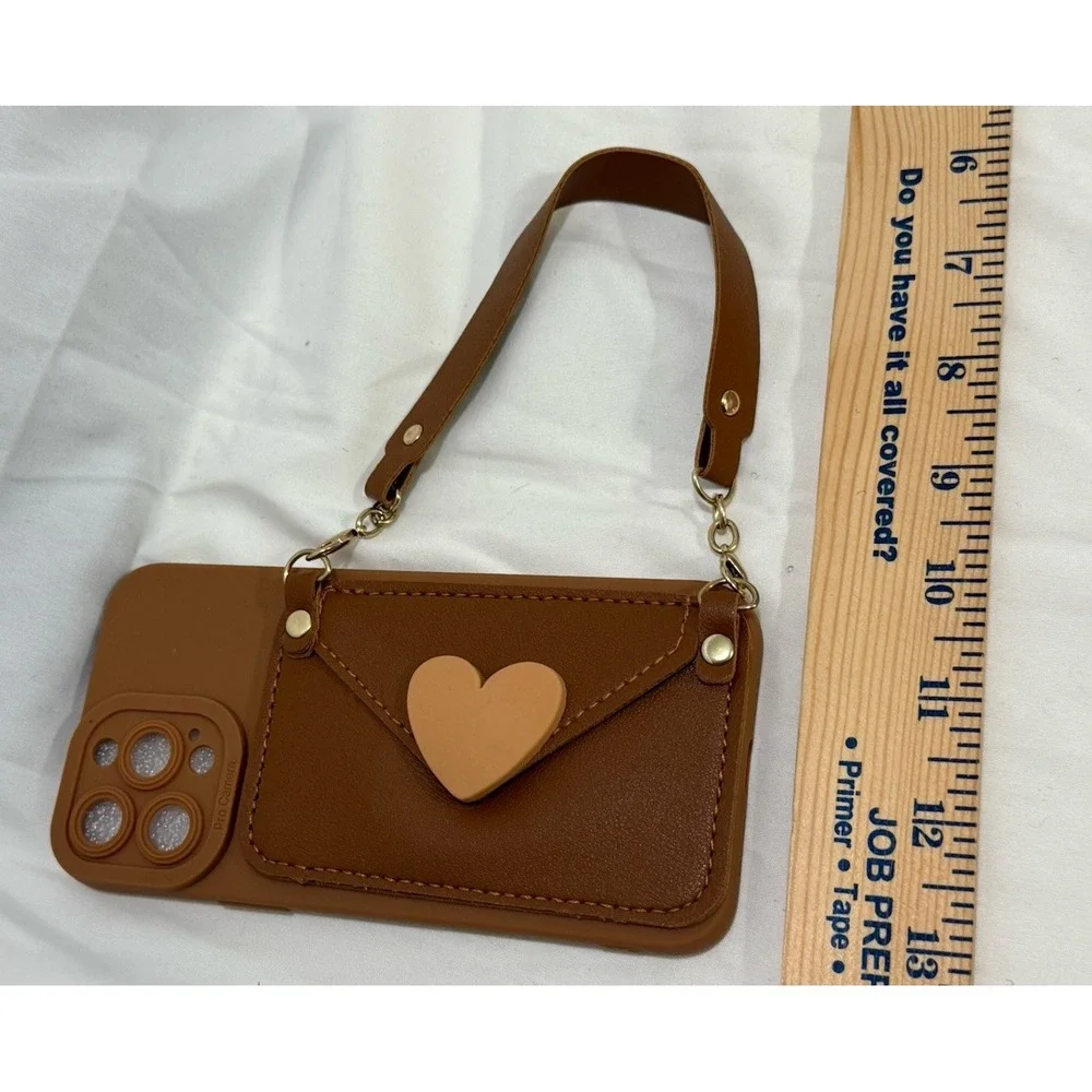 Brown‎ W/Heart Pocket Phone Case For Apple iPhone 13 Pro Max w/Wristlet